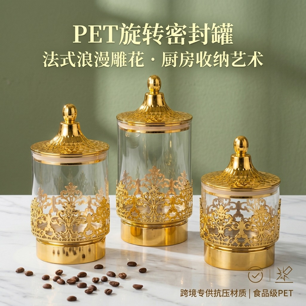 ヨーロッパの透明な金メッキ回転式密閉缶スナック茶葉収納タンク - Sustainable Living Principles のレビューと価格